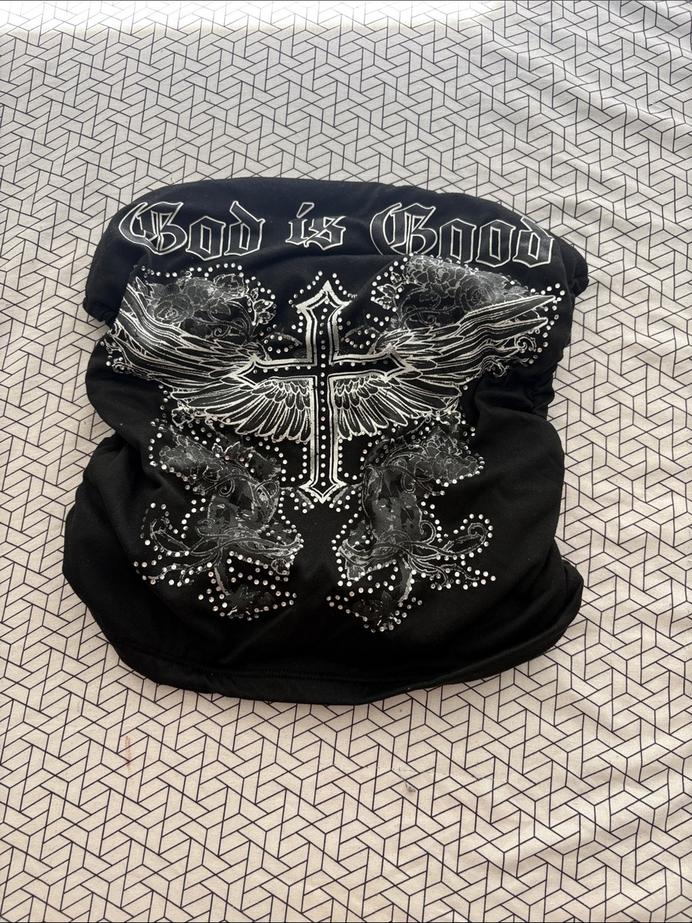 Black 'God is Good' Graphic Neck Gaiter - Winged Cross Design